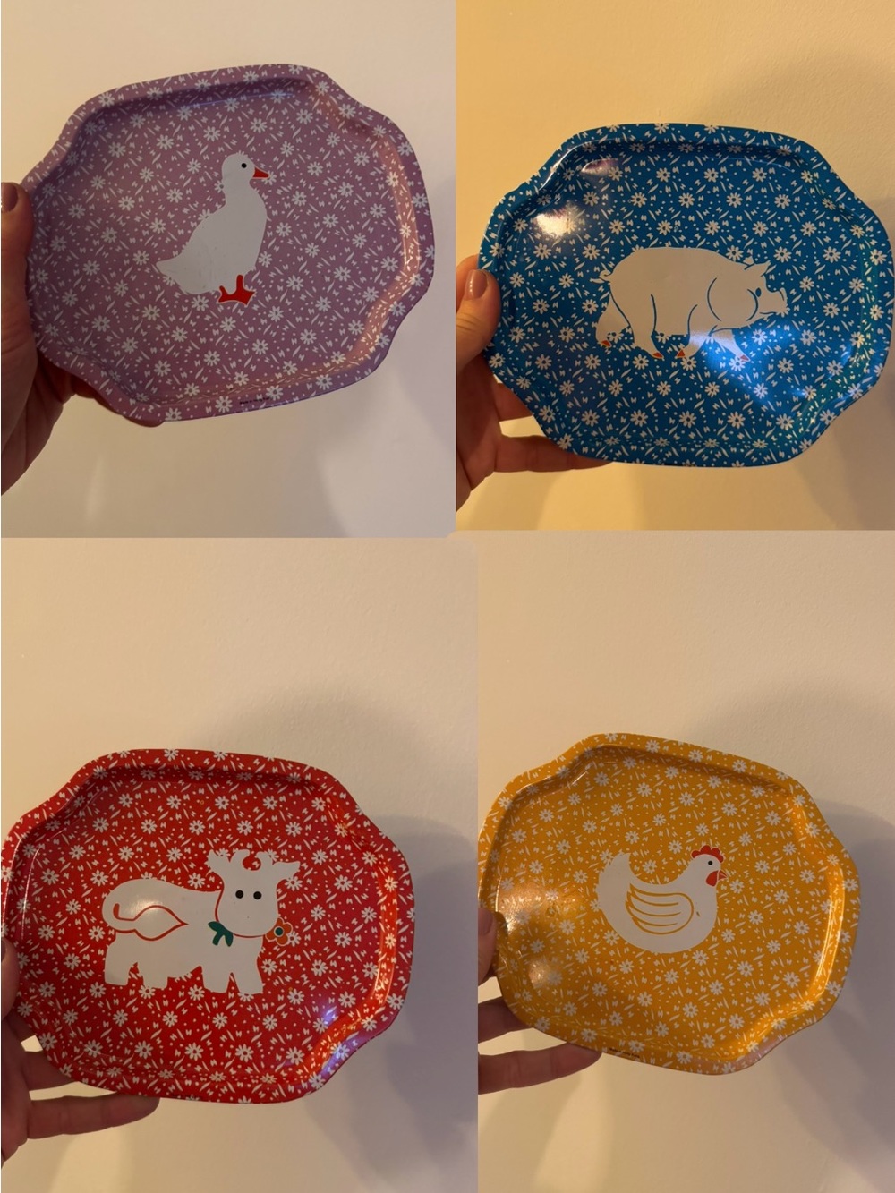 Set of 4 Vintage Animal Tin Trays - Duck, Pig, Cow, Chicken